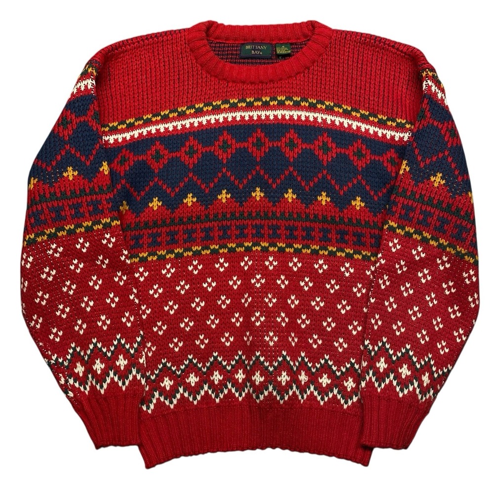 Nordic Sweater Medium Red Fair Isle BRITTANY BAY VTG 90s Unisex